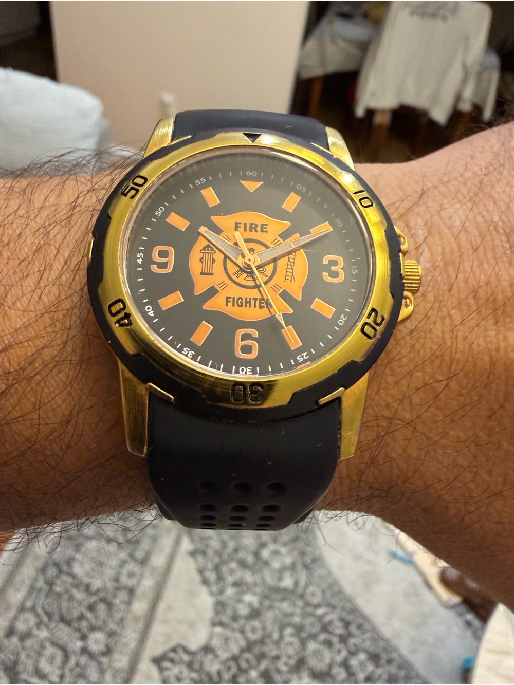 Firefighter Watch Mens Gold Tone Maltese Cross Black Silicone Strap Sports